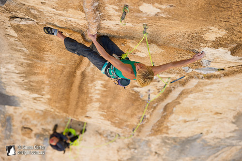 Monique Forestier on Tom et je Ris (8b+), a 60-metre route in Verdon Gorge, France.