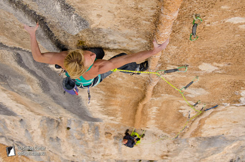 Monique Forestier on Tom et je Ris (8b+), a 60-metre route in Verdon Gorge, France.
