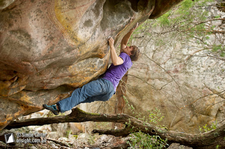 Nalle Hukkataival, first ascent of Rootarted (V12), Buandik boulders, Grampians, Victoria, Australia.