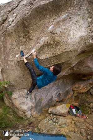 Ian Dory attempting an unclimbed V14ish problem, Buandick boulders.