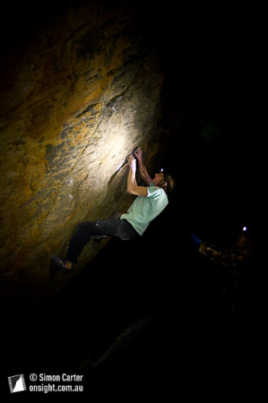 Dave Graham making the most of good conditions after dark(!), attempting, Right Thurr (V13) Buandik boulders, Grampians, Victoria, Australia.