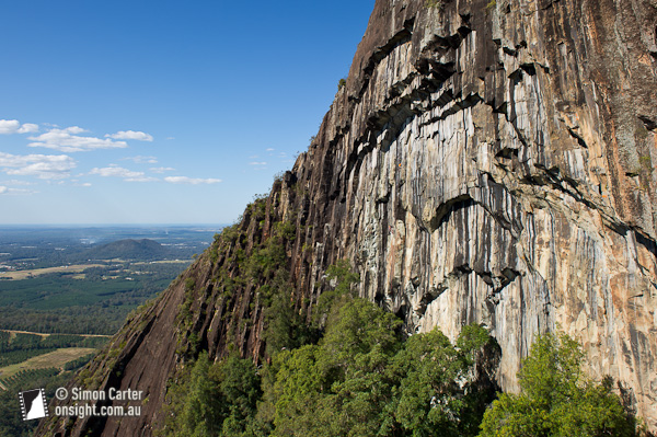 Lee Cujes and John J O'Brien attempting to free climb pitch two of the Beerwah Bolt Route.