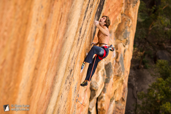 Chris Sharma sending The Groove Train (33, 5.14b), Taipan Wall, Grampians.