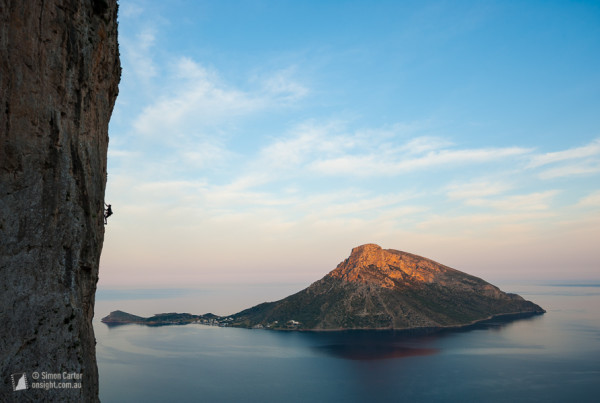 Evan Stevens, The Siege of Thermopylae (6c+), sector Spartacus, Kalymnos, Greece, with Telendos Island in the background.