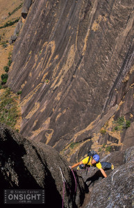 Fred Moix following pitch 6 of Cas Nullard (6a), 450m (10 pitches), Secteur Karambony, Tsaranoro, Madagascar.