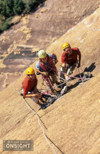 Felix Frieder, Benno Wagner and Toni Lamprecht on the belay for pitch 8 of their new route Manara-Potsiny (8a), 600m (18 pitches) on Tsaranoro Be, Tsaranoro, Madagascar.