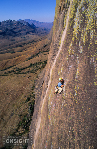 Benno Wagner, pitch 10 of Manara-Potsiny (8a), 600m (18 pitches) on Tsaranoro Be, Tsaranoro, Madagascar.