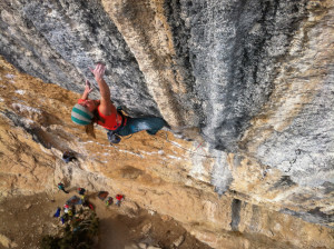 Barbara Zangerl sending Mind Control (8c+), Oliana, Spain. Photo: Walker Emerson.