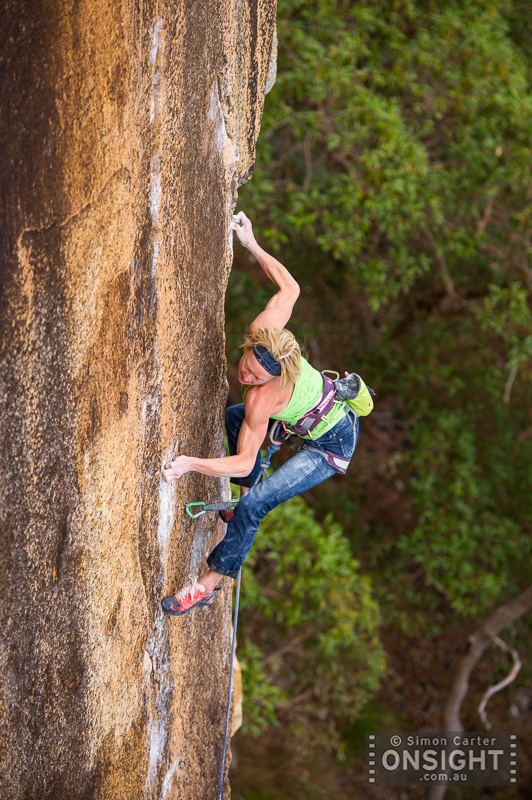 Monique Forestier on Whistling Kite (32), a classic thin and technical test-piece at Frog Buttress, Queensland, Australia.
